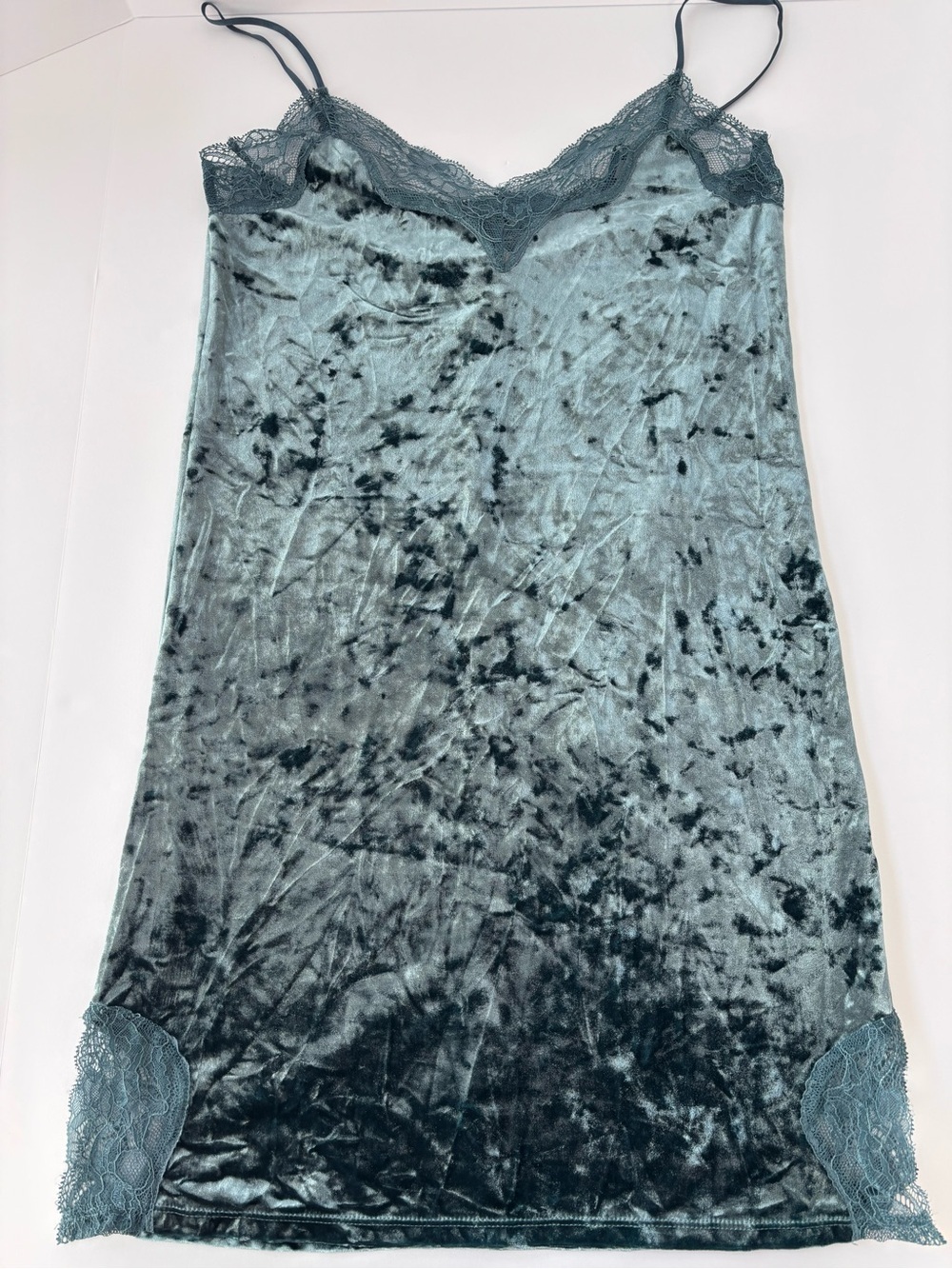 Y2K Velvet Lace Trim Slip Dress Teal Blue Tie Dye Cami Mini Dress Women’s S